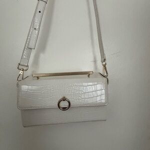 White Croc-Embossed Leather Shoulder Bag with Gold Accents